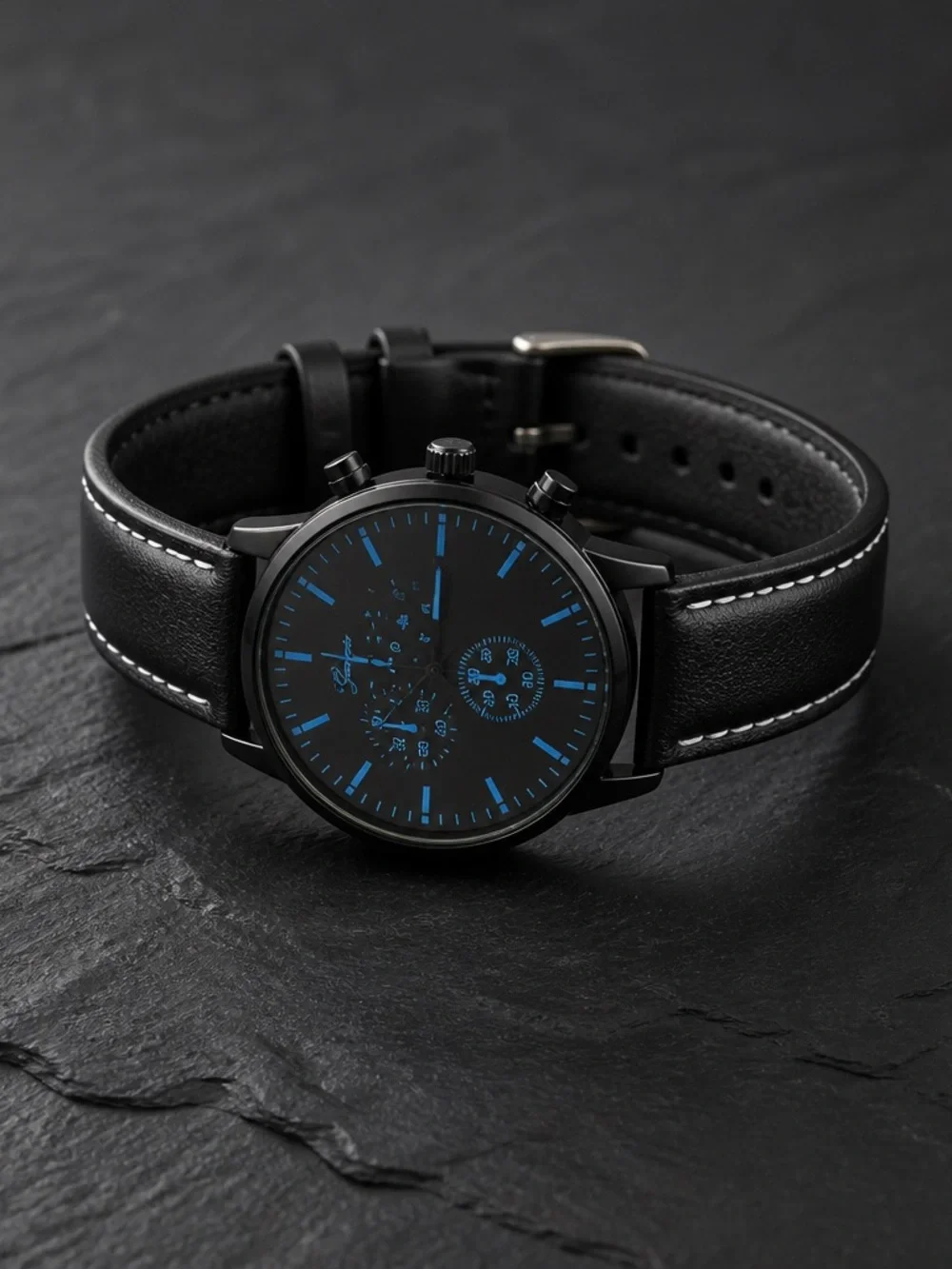 Geneva Men’s Luxury Timepiece Collection 44mm Black Leather Band Black/Blue Case